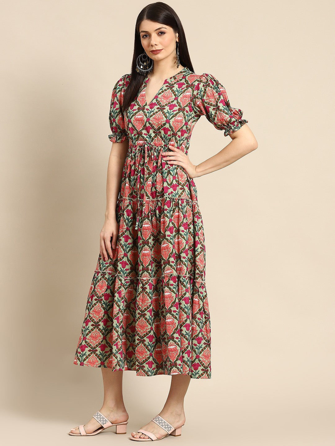 Green & Pink Ethnic Motifs Printed Tiered Pure Cotton A-Line Midi Dress