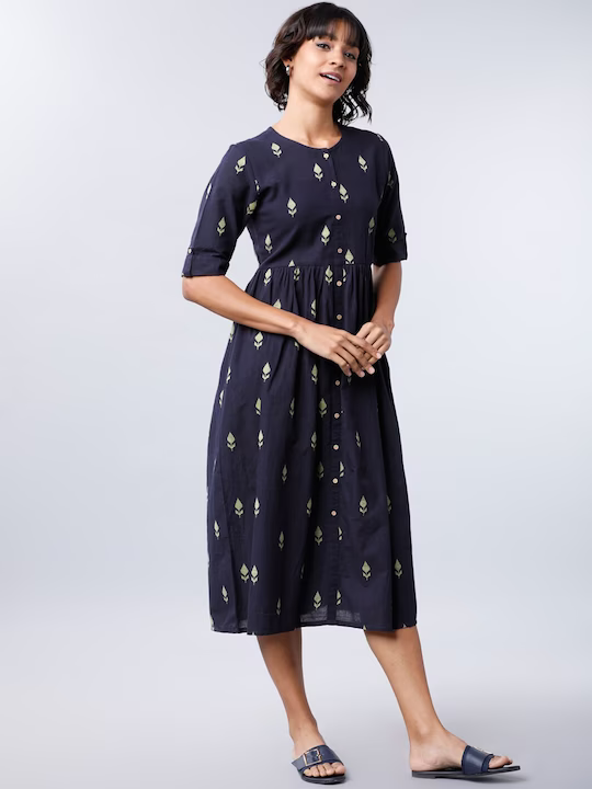 Women Navy Blue Self Design Fit and Flare Dress