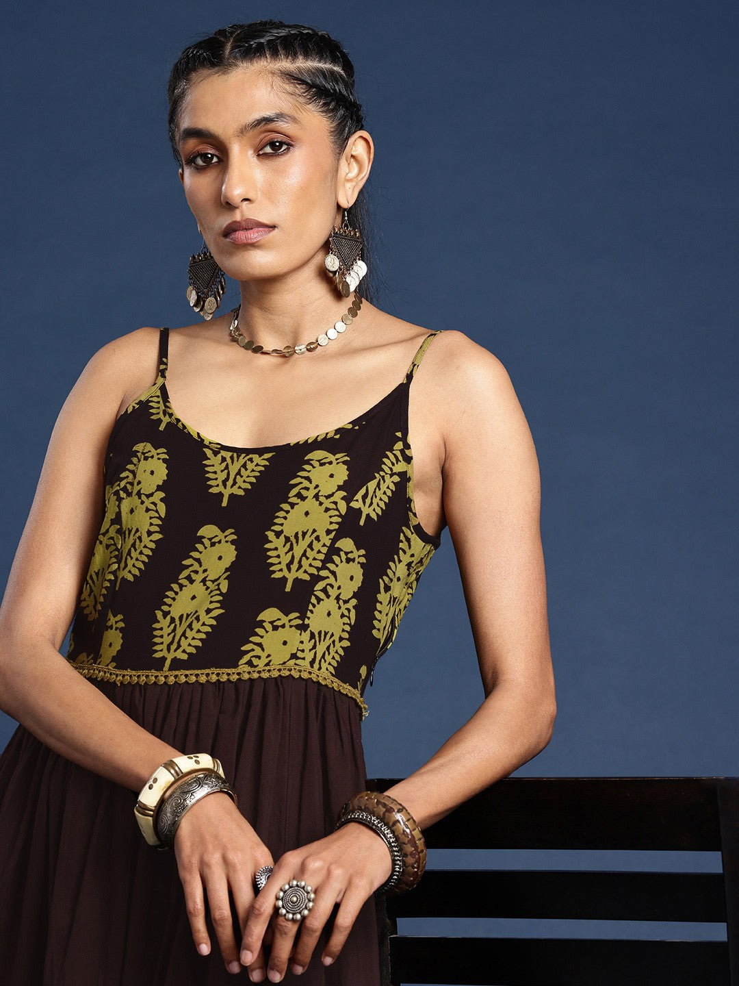 Floral Printed Shoulder Straps Pure Cotton A-Line Bagh Ethnic Dress