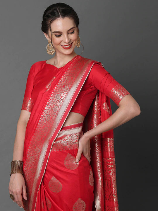 Red & Silver Tone Ethnic Woven Banarasi Silk Saree