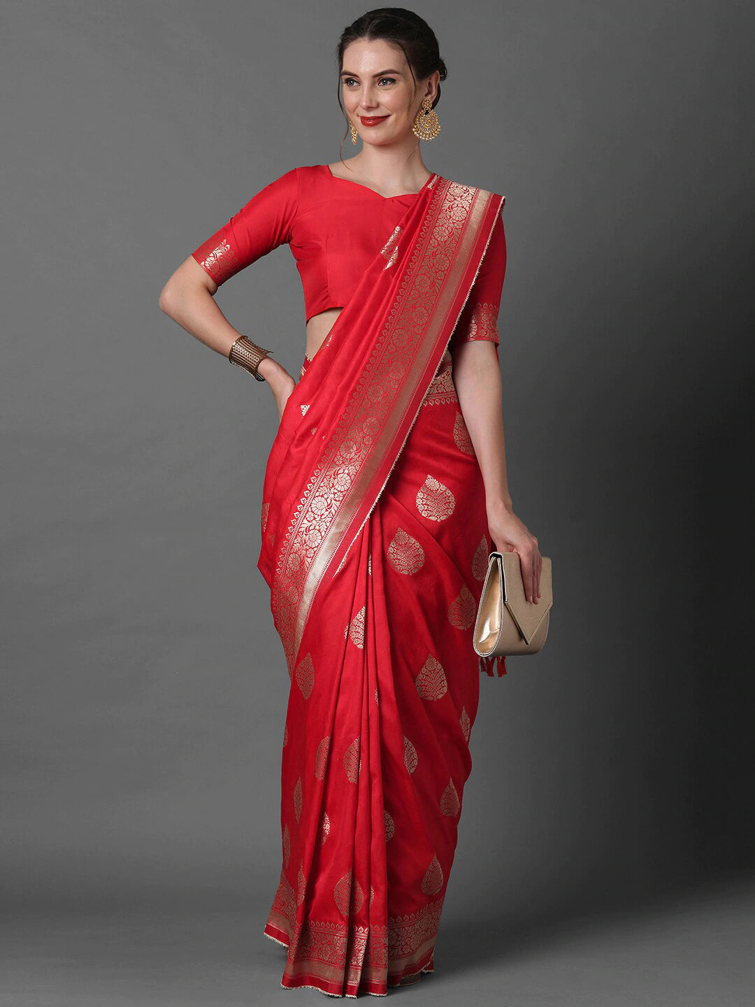 Red & Silver Tone Ethnic Woven Banarasi Silk Saree