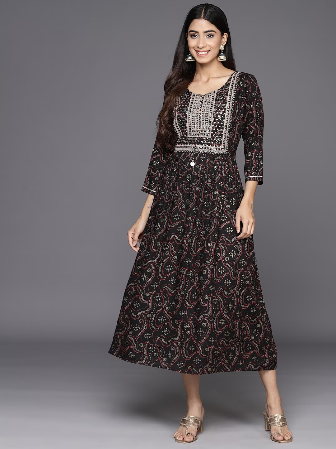Ethnic Motifs Embellished Fit & Flare Midi Ethnic Dress