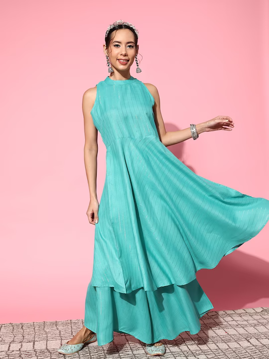 Striped Blue Flare Kurta with Palazzos