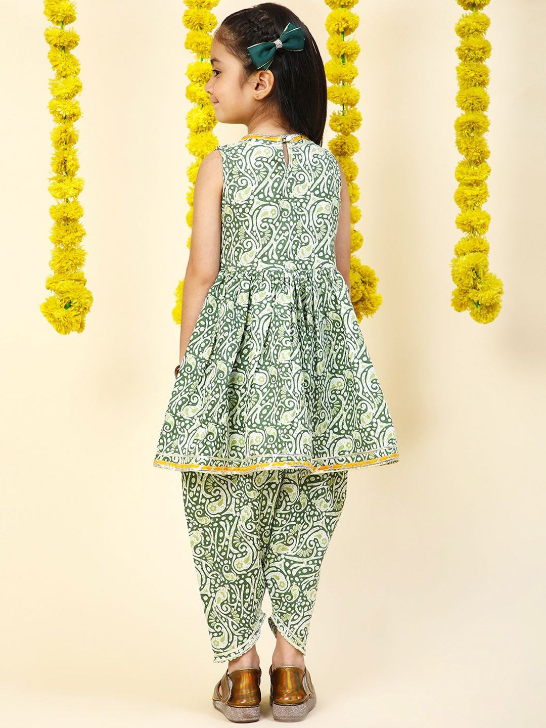 Girls Paisley Printed Gotta Patti Pure Cotton Angrakha Kurta With Dhoti Pants