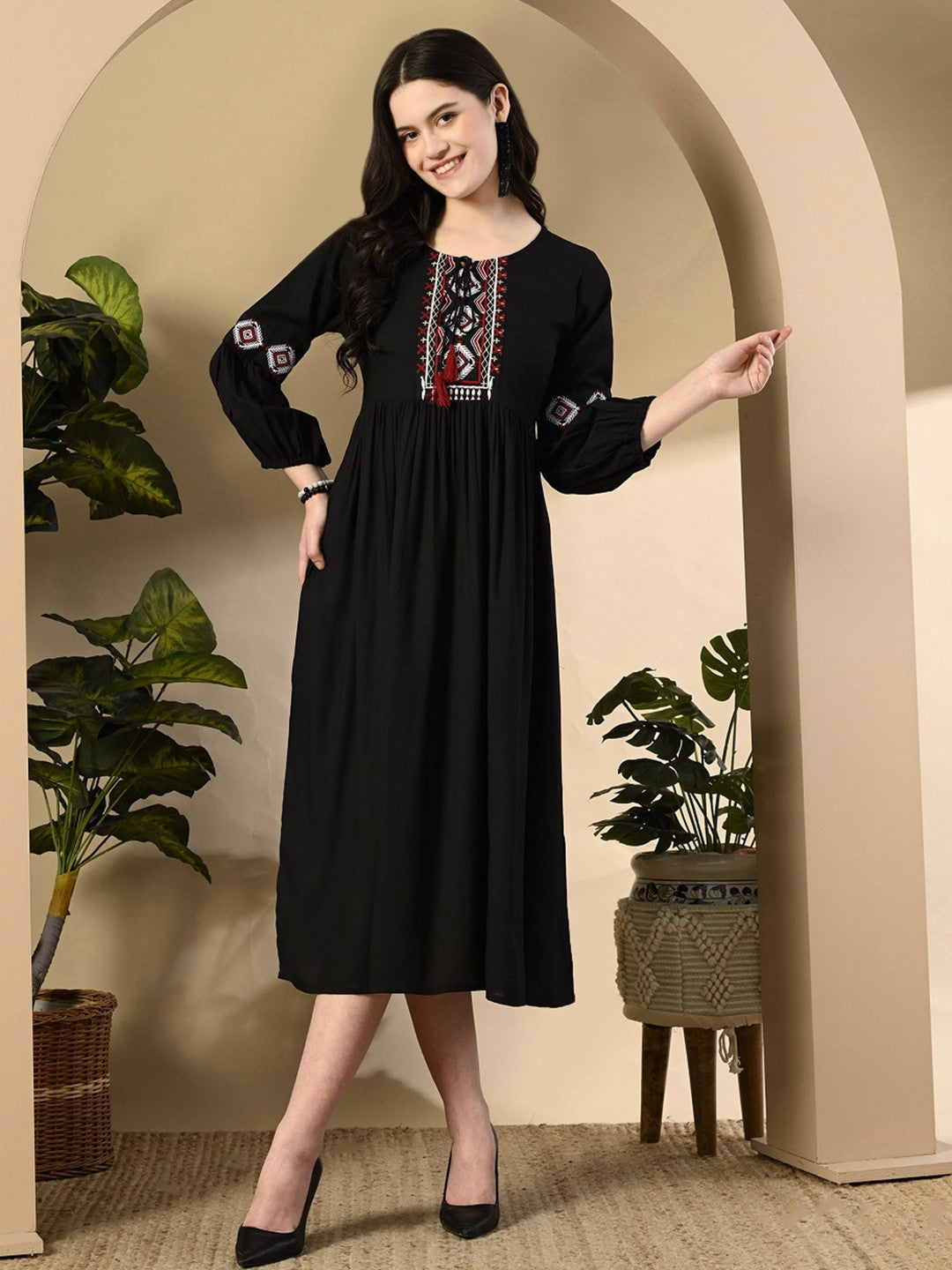 Geometric Embroidered Tie-Up Neck Puff Sleeves Anarkali Midi Ethnic Dress