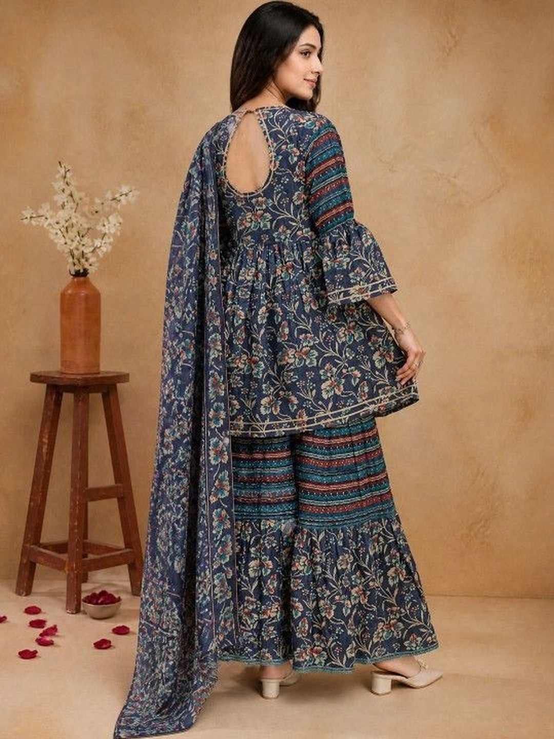 Women Floral Printed Empire Kurta with Sharara & With Dupatta