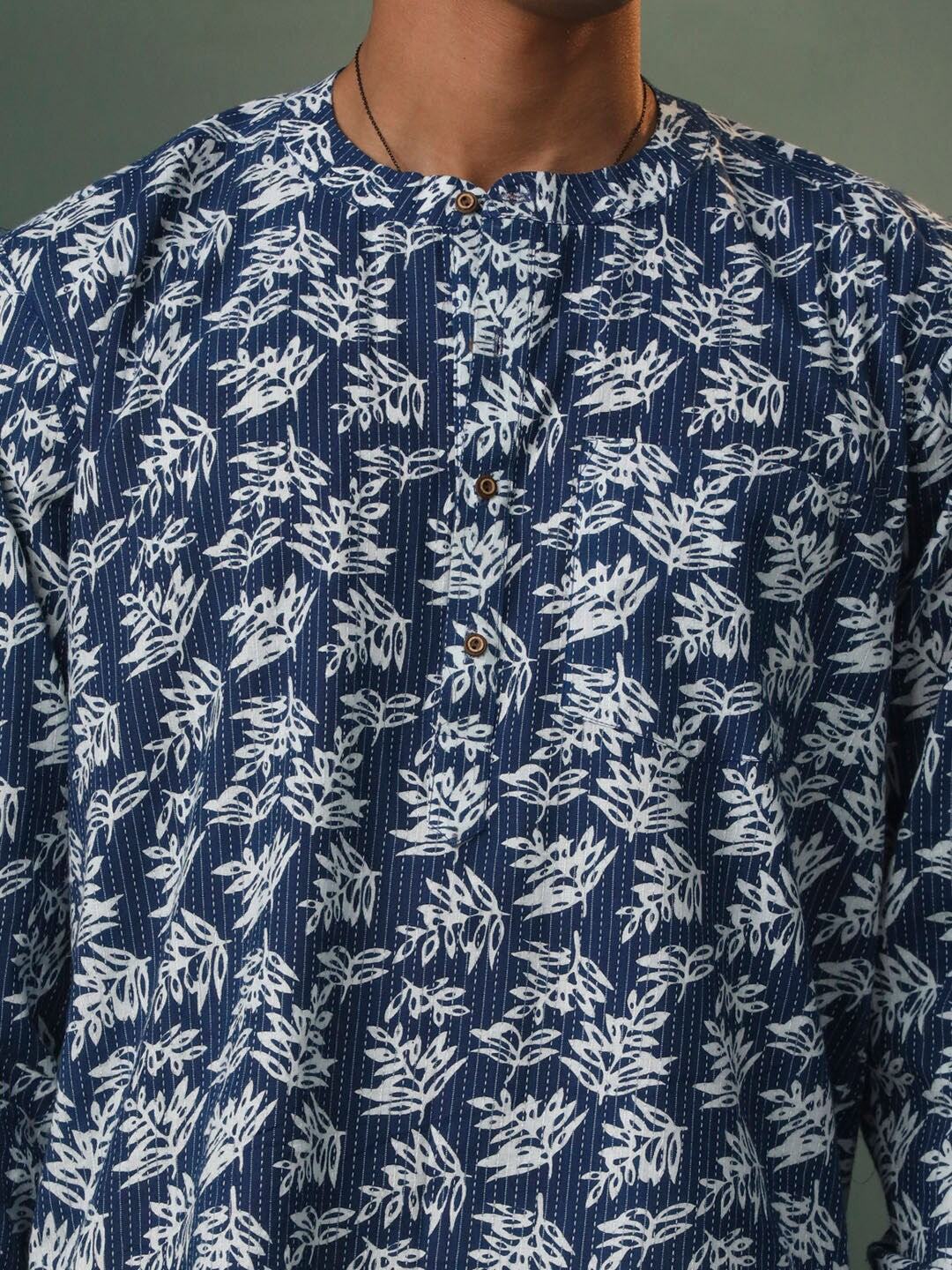 Kantha Work Printed Band Collar Straight Short Kurta