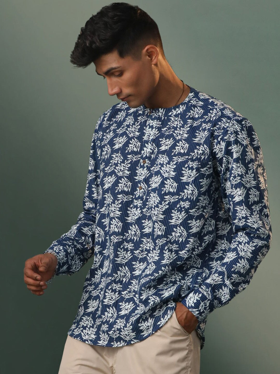 Kantha Work Printed Band Collar Straight Short Kurta