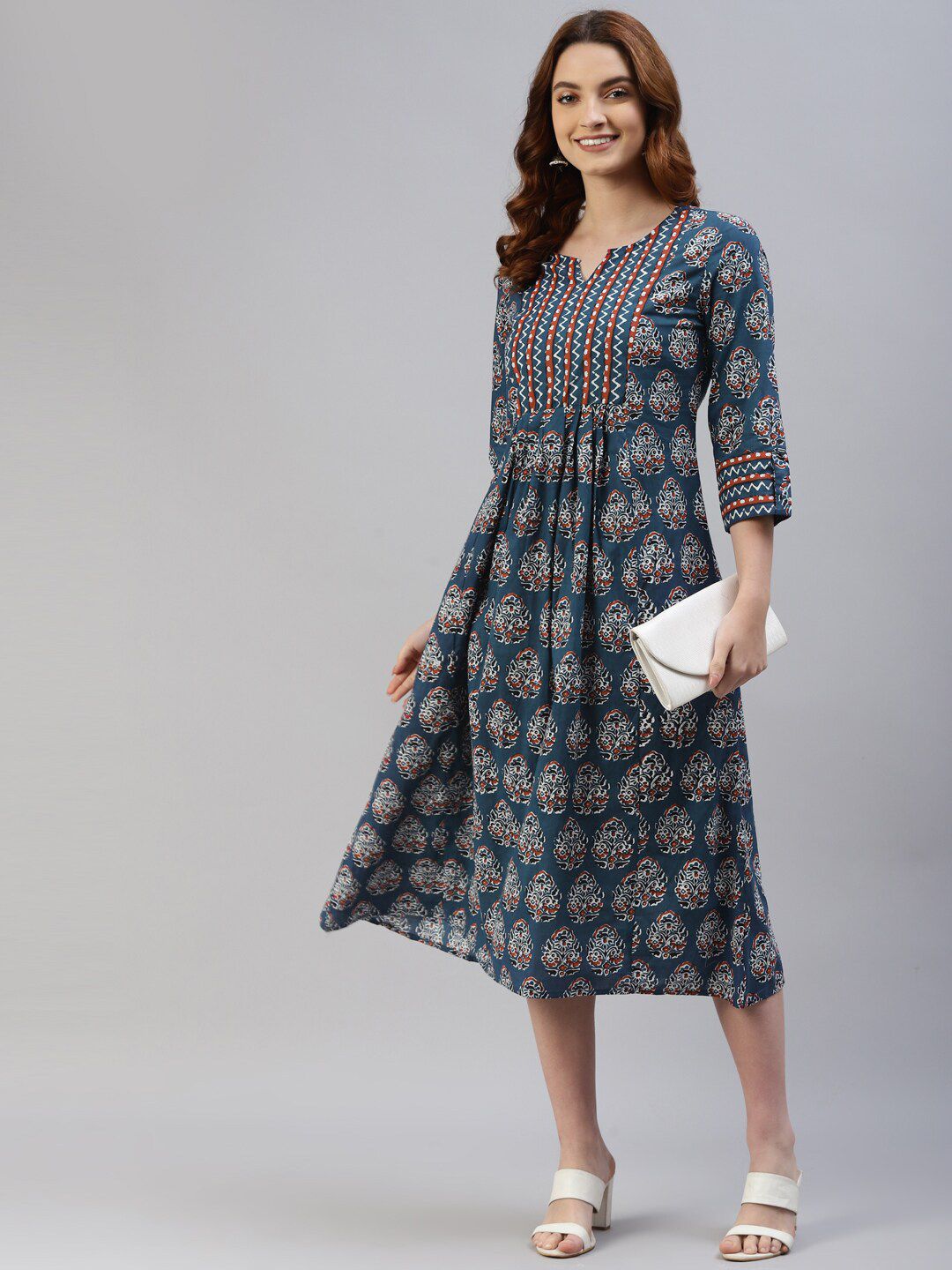 Blue Ethnic Motifs Ethnic A-Line Midi Dress