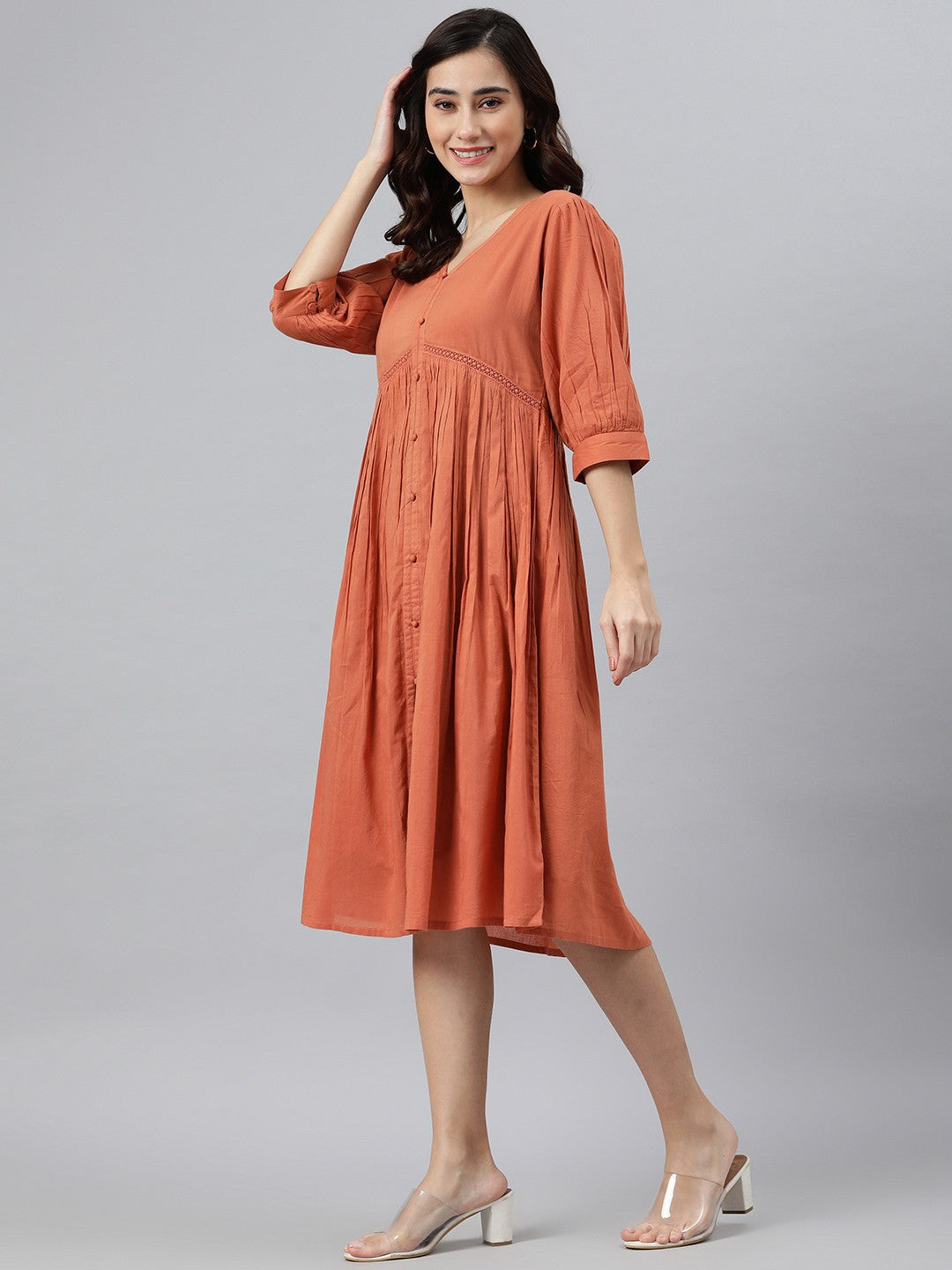 Coral Orange Cotton Western Dress