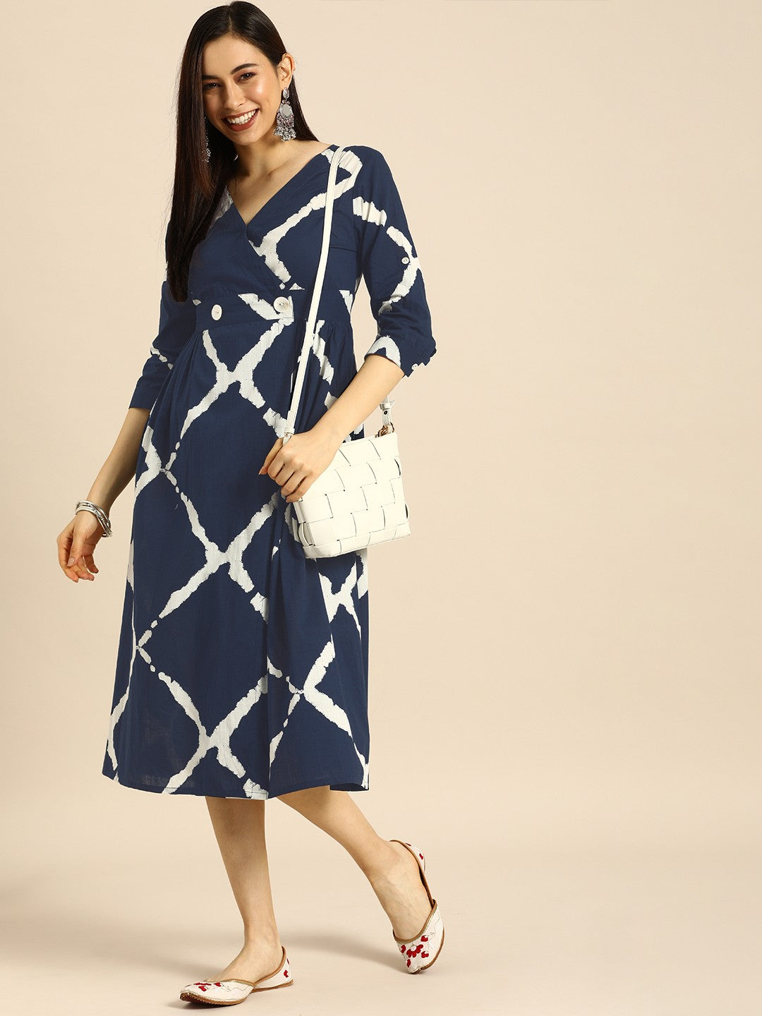 Navy Blue & White Ethnic A-Line Midi Dress