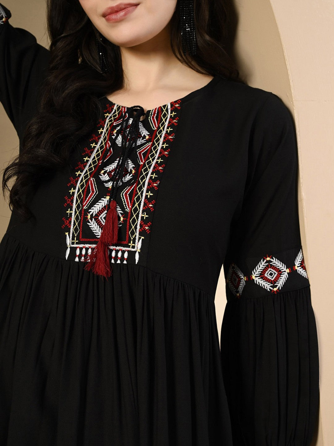 Geometric Embroidered Tie-Up Neck Puff Sleeves Anarkali Midi Ethnic Dress