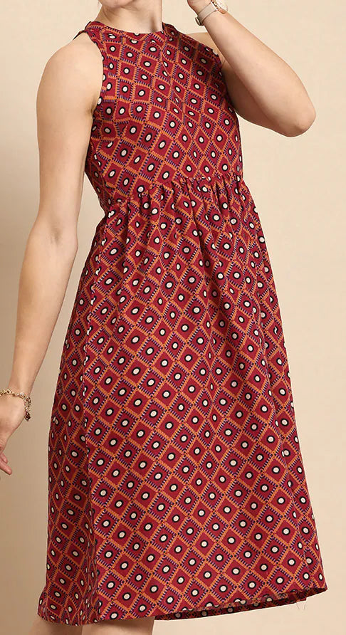 Geometric Print A-Line Dress Gathered or Pleated Detailing