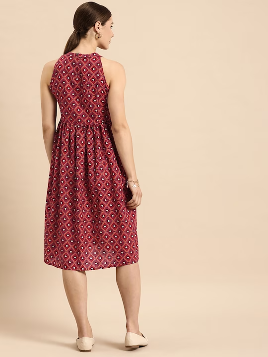 Geometric Print A-Line Dress Gathered or Pleated Detailing