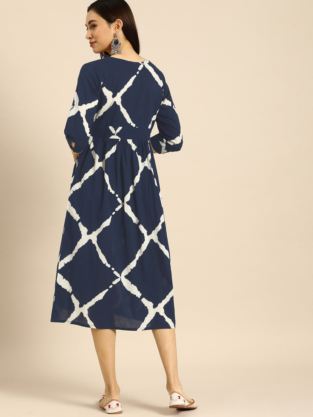Navy Blue & White Ethnic A-Line Midi Dress