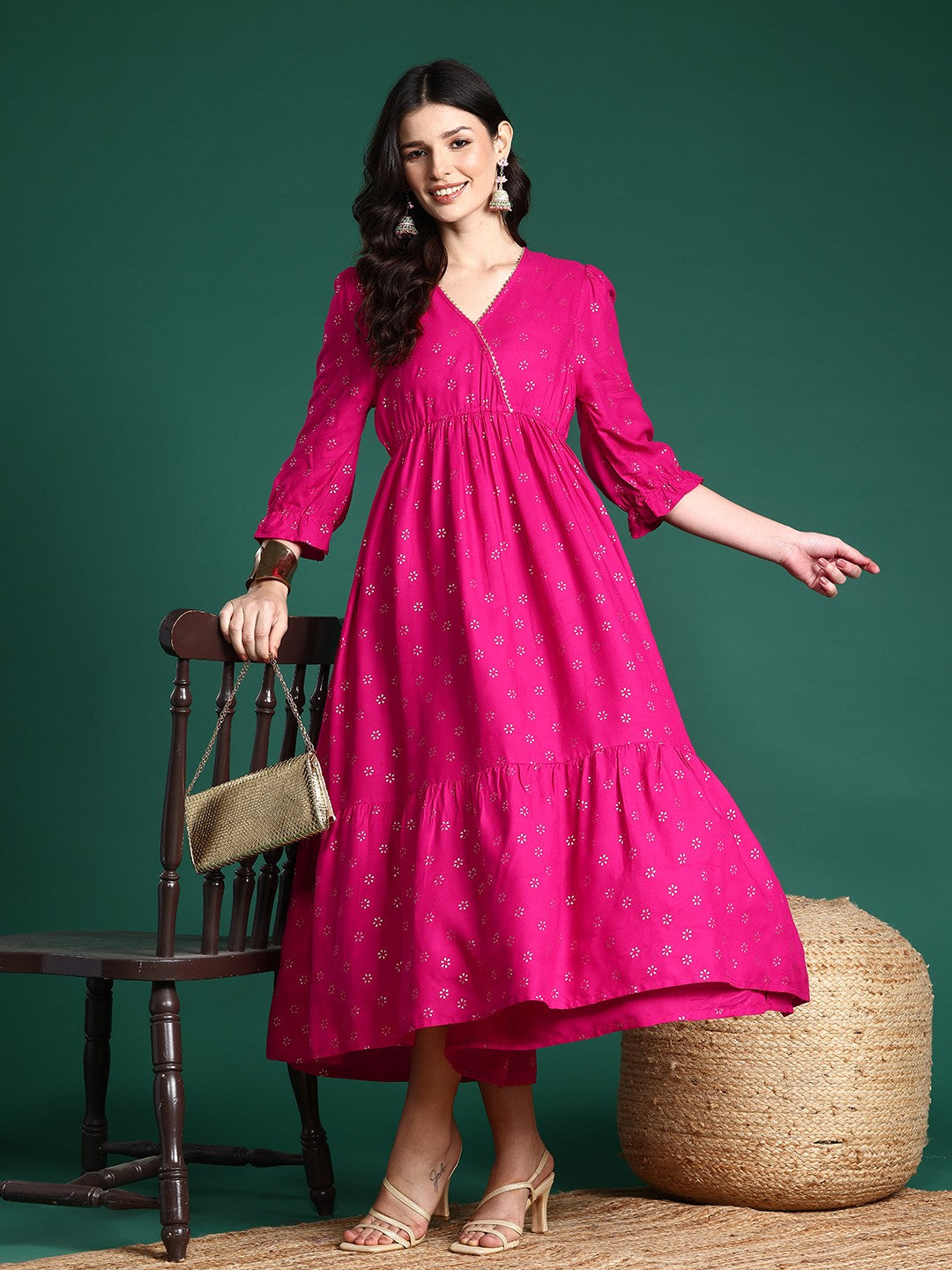 Pink Wrap Tiered Midi Ethnic Dress