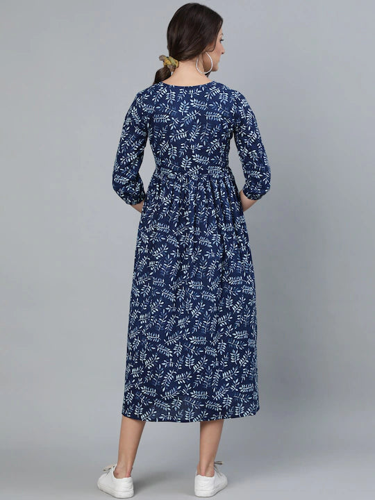 Blue Tropical Fit and Flare Cotton Dress