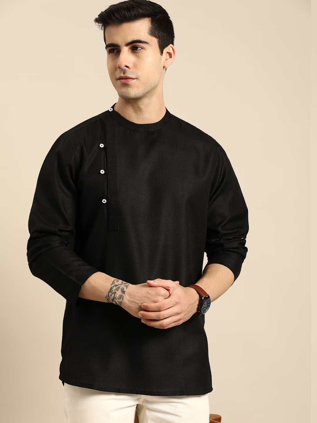 Men Black Solid Mandarin-Collar Angrakha Kurta