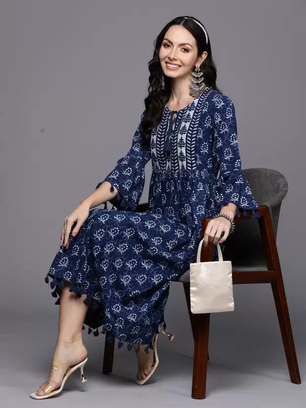 Women A-line Dark Blue, White Dress