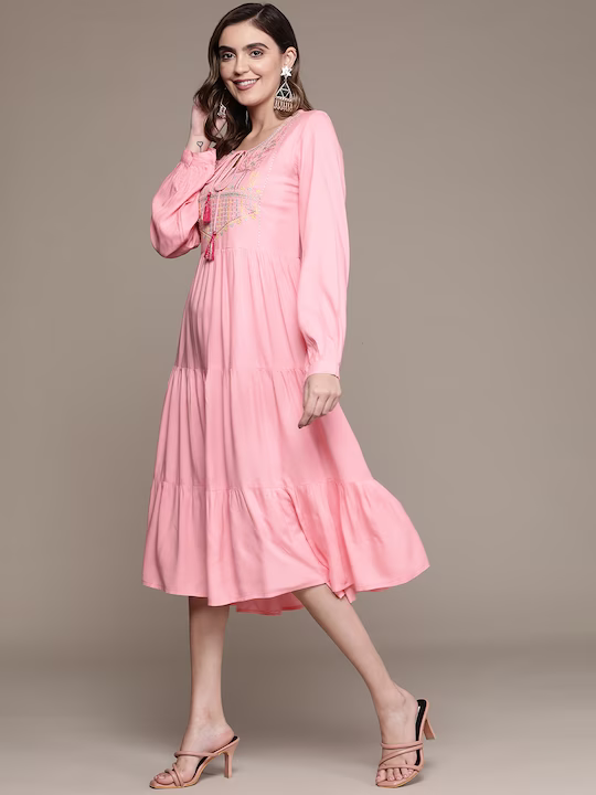 Pink Floral Embroidered Ethnic A-Line Dress