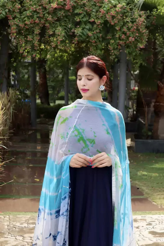 Women Navy Blue Viscose Rayon Kurta and Sky Blue Dupatta Set