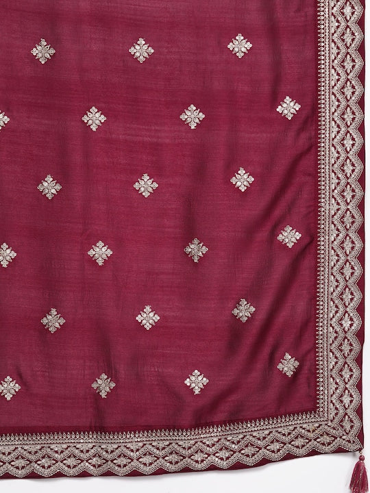 Women Maroon Floral Yoke Design Kurta Trousers & Dupatta