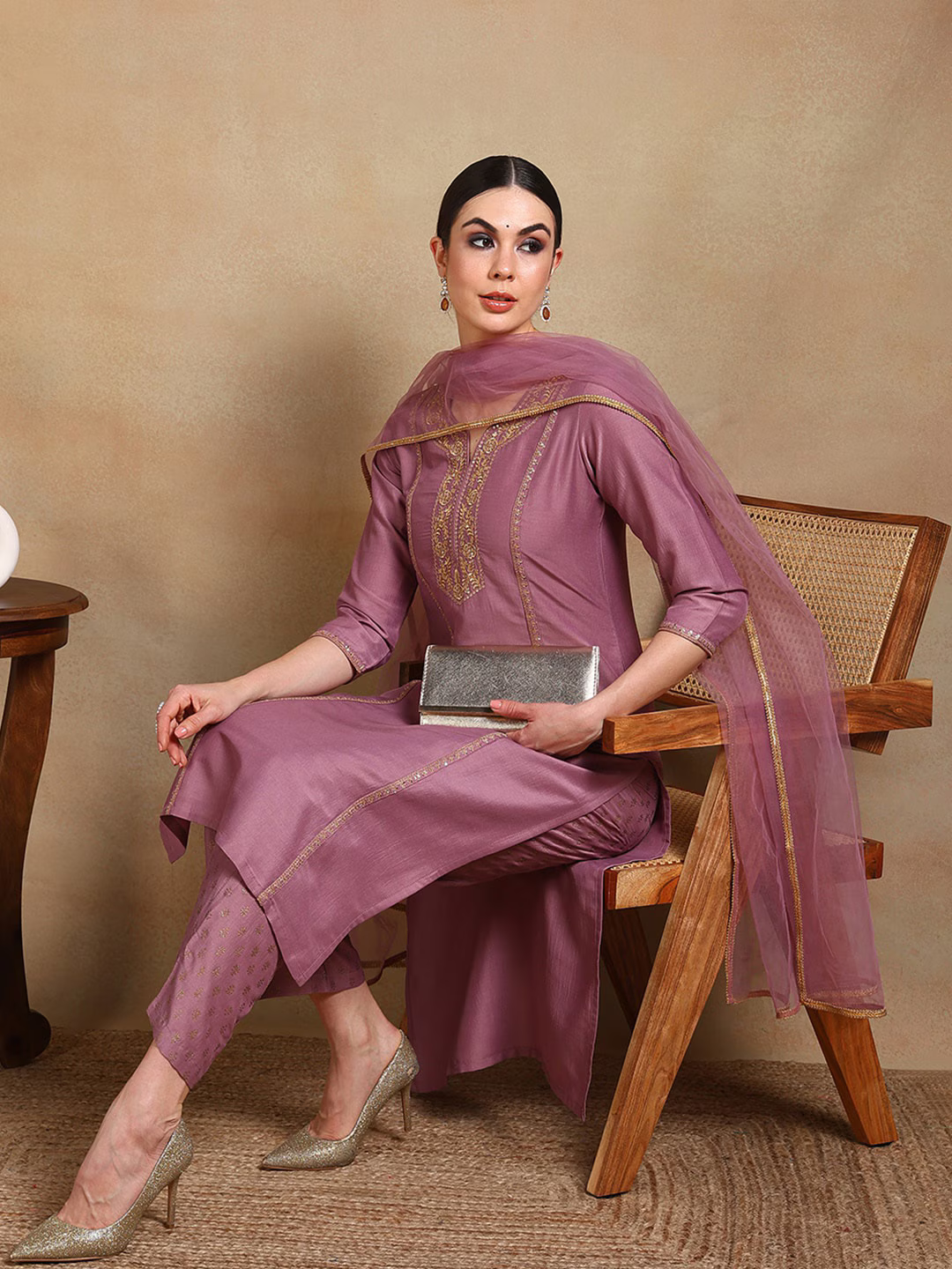 Women Ethnic Motifs Yoke Design Regular Thread Work Kurta with Palazzos & With Dupatta
