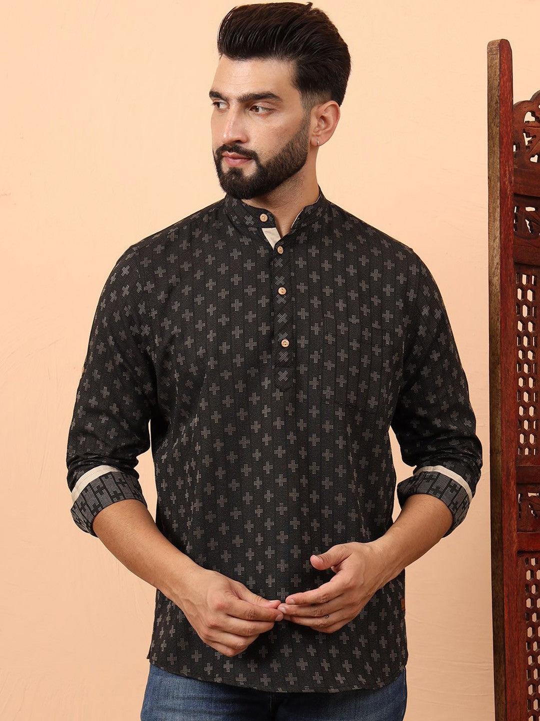 Ethnic Motifs Printed Mandarin Collar Cotton Short Kurta