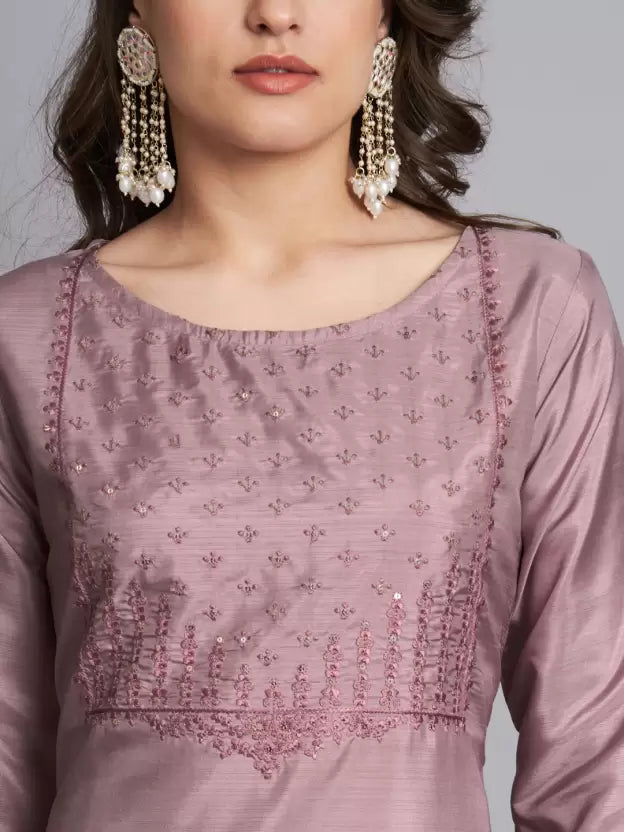 Women Lavender Silk Blend Kurta Pant Dupatta Set
