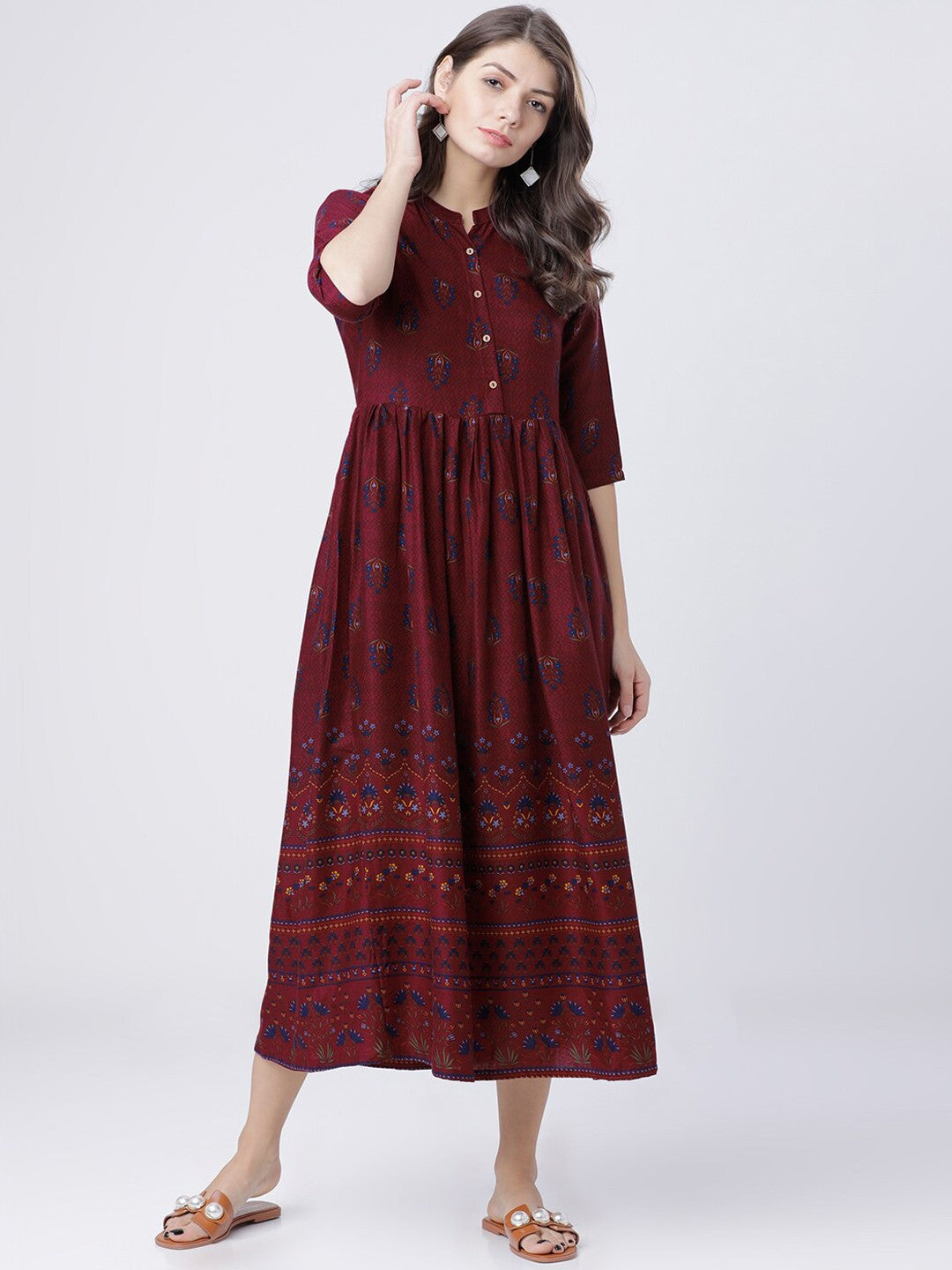 Women Burgundy Printed Maxi Dress