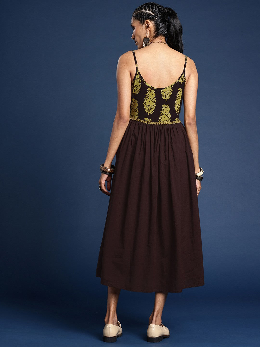 Floral Printed Shoulder Straps Pure Cotton A-Line Bagh Ethnic Dress