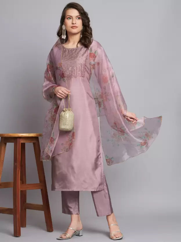 Women Lavender Silk Blend Kurta Pant Dupatta Set