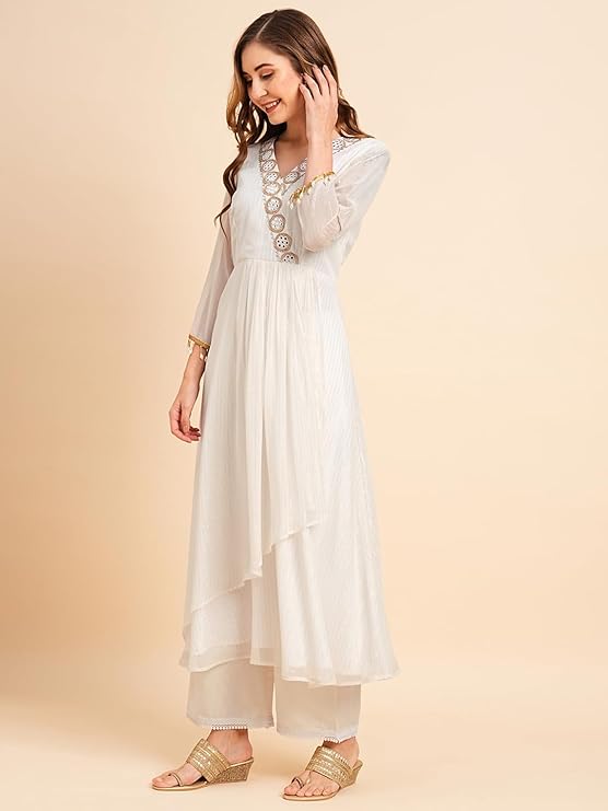 Women's Georgette Lurex Layered Ethnic Wear Kurta (Kurta dress only)