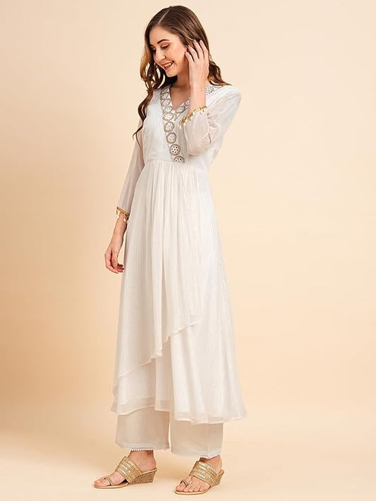 Women's Georgette Lurex Layered Ethnic Wear Kurta (Kurta dress only)