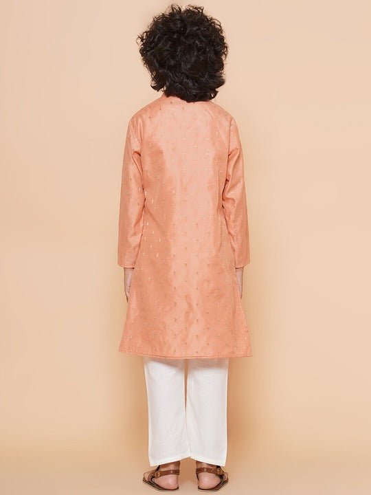 Boys Peach Ethnic Motifs Woven Design Kurta With Pyjamas