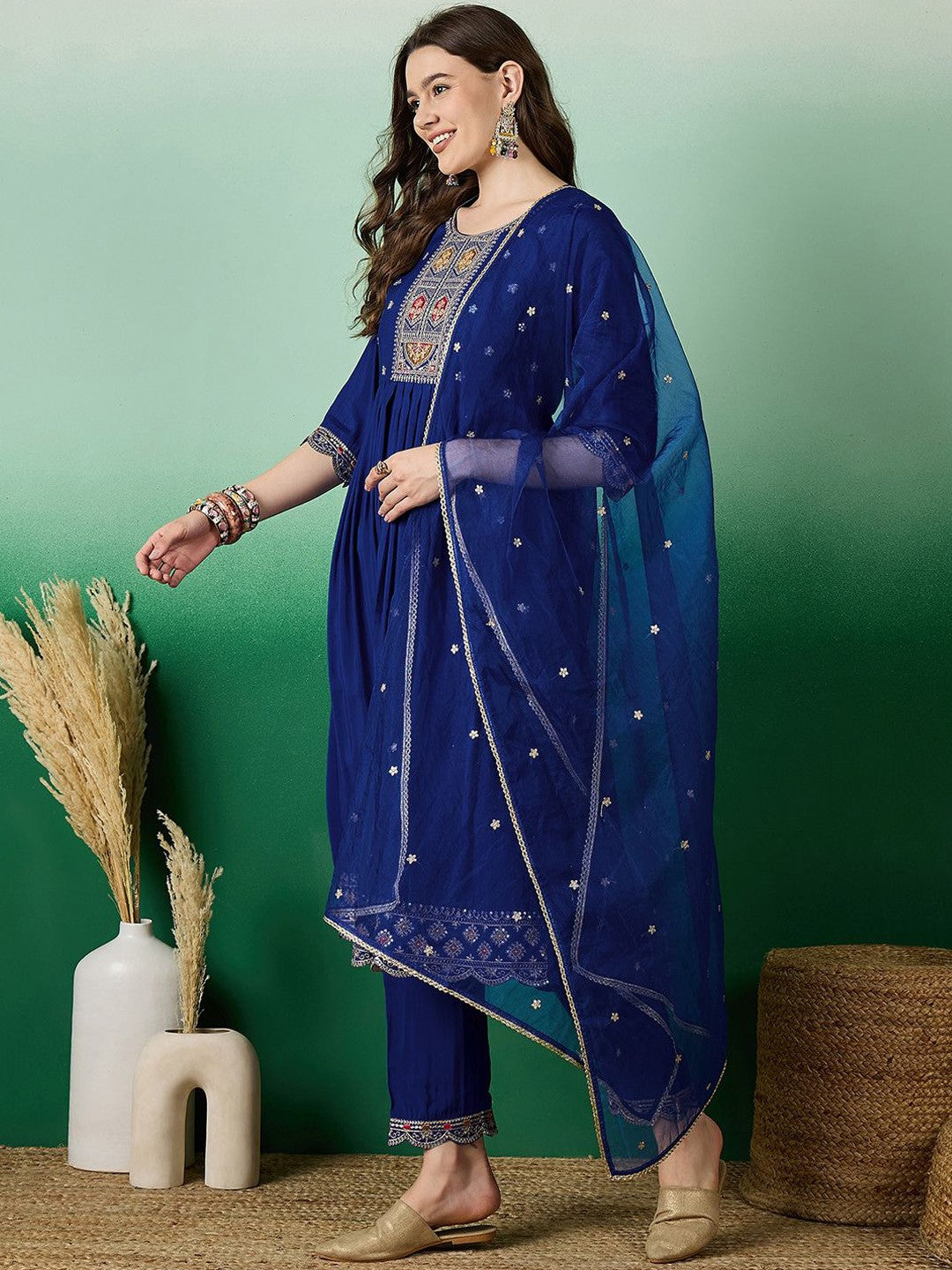 Floral Embroidered A Line Kurta With Pant & Dupatta