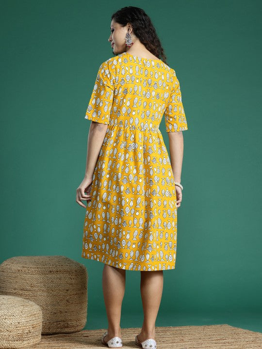 Printed Tie-Up Neck A-Line Midi Dress