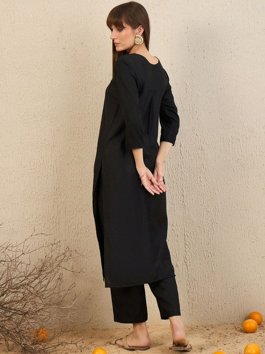 V Neck Pleated Straight Kurta With Trousers