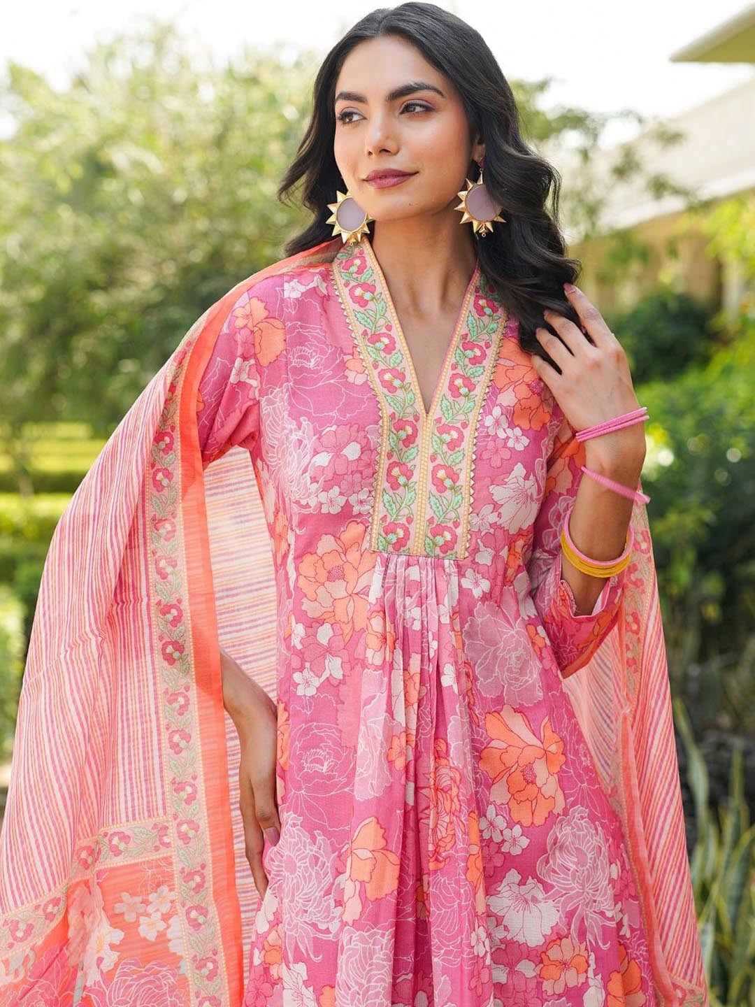 Floral Printed V-Neck Pleated A-Line Kurta With Palazzos And Dupatta
