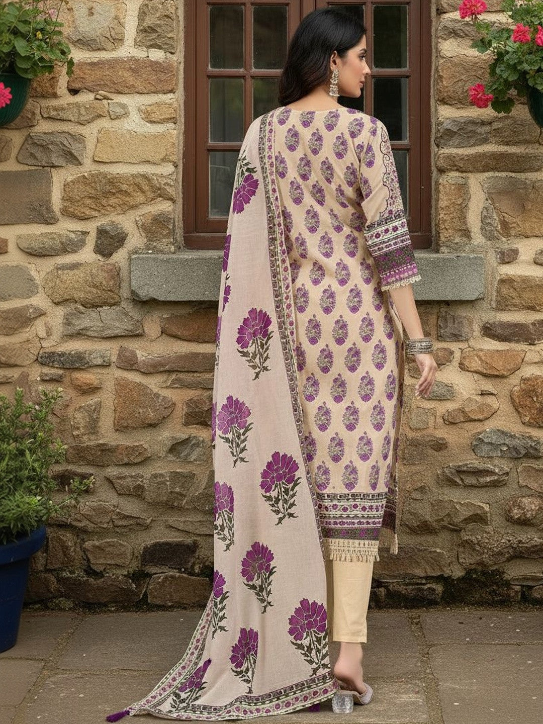Women Floral Embroidered Regular Beads and Stones Pure Cotton Kurta with Trousers & With Dupatta
