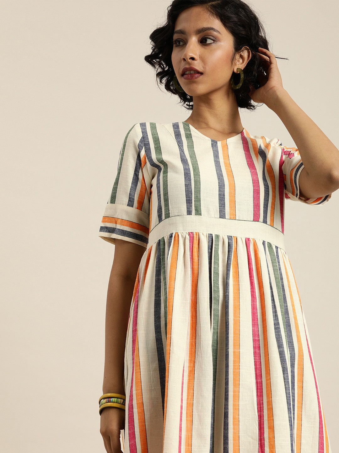 Women Multicoloured Striped Woven Legacy A-Line Dress with Pockets