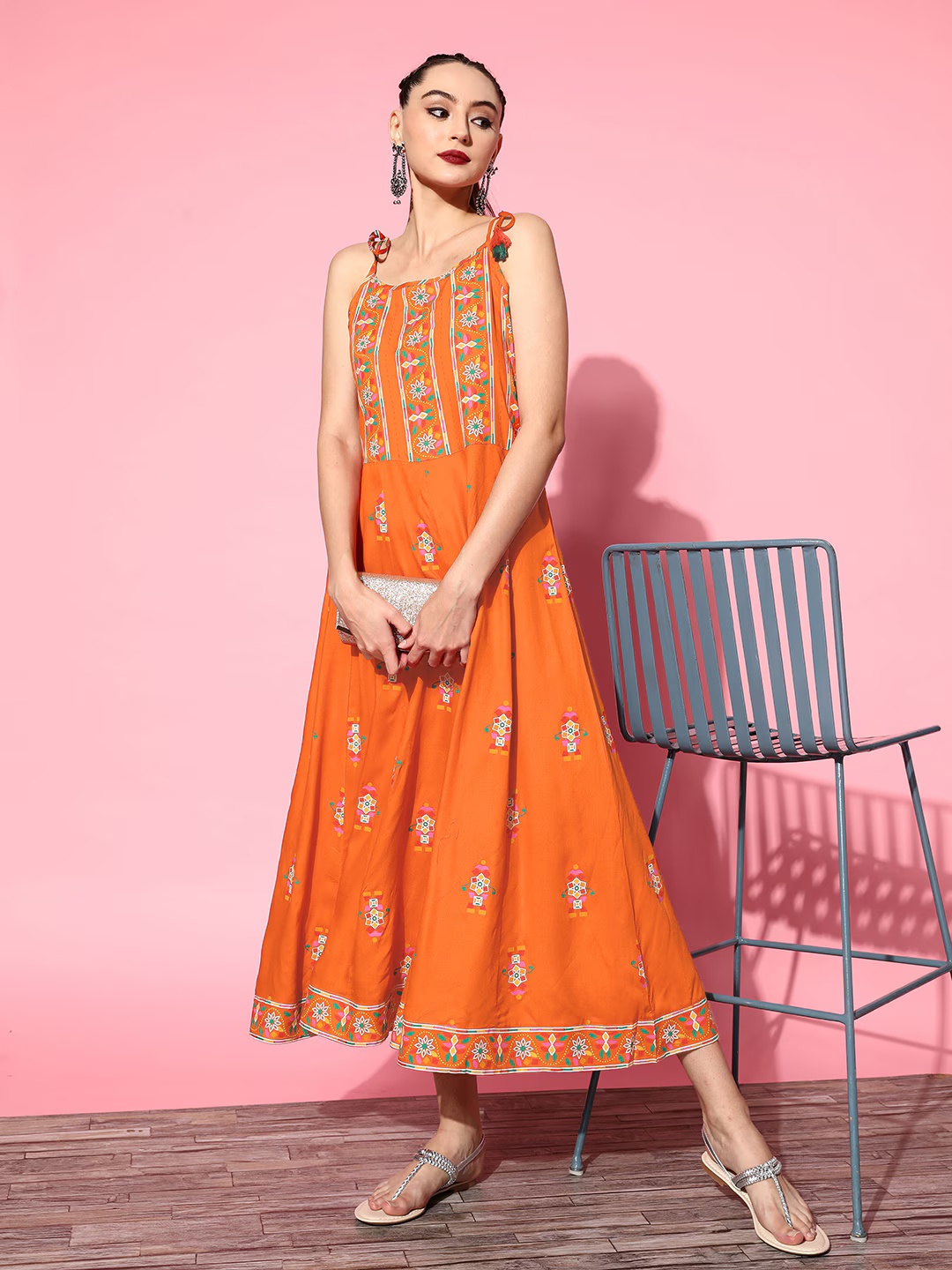 Women Orange Viscose Rayon Fluid Tie-Up Ethnic Dress