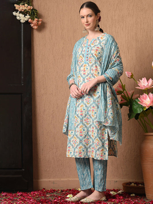 Women Floral Printed Regular Pure Cotton Kurta with Trousers & With Dupatta