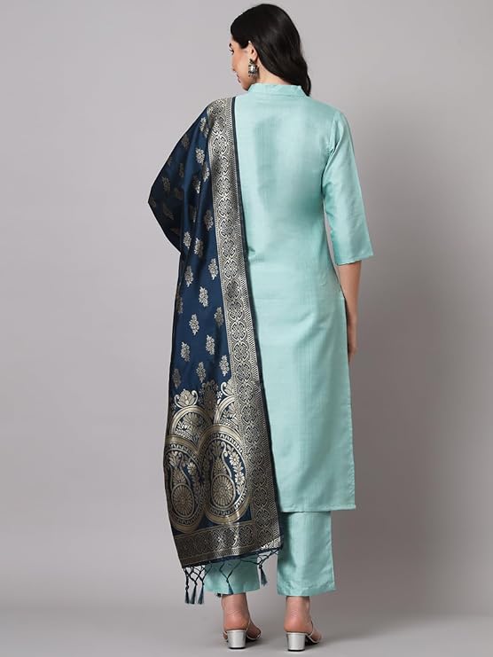 Women's Cotton Silk Blend Straight Kurta with Trouser Pant & Banarasi Silk Dupatta