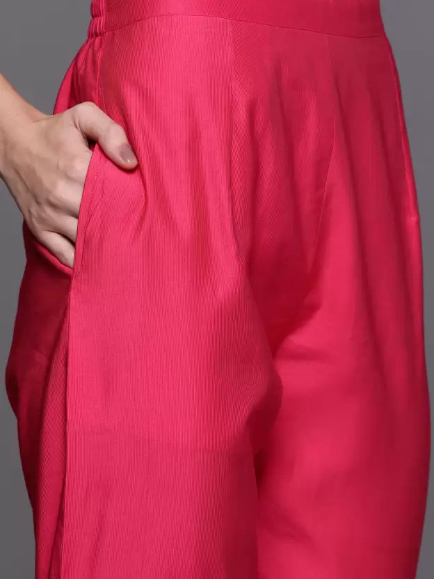 Women Pink Viscose Rayon Kurta Trouser Dupatta Set