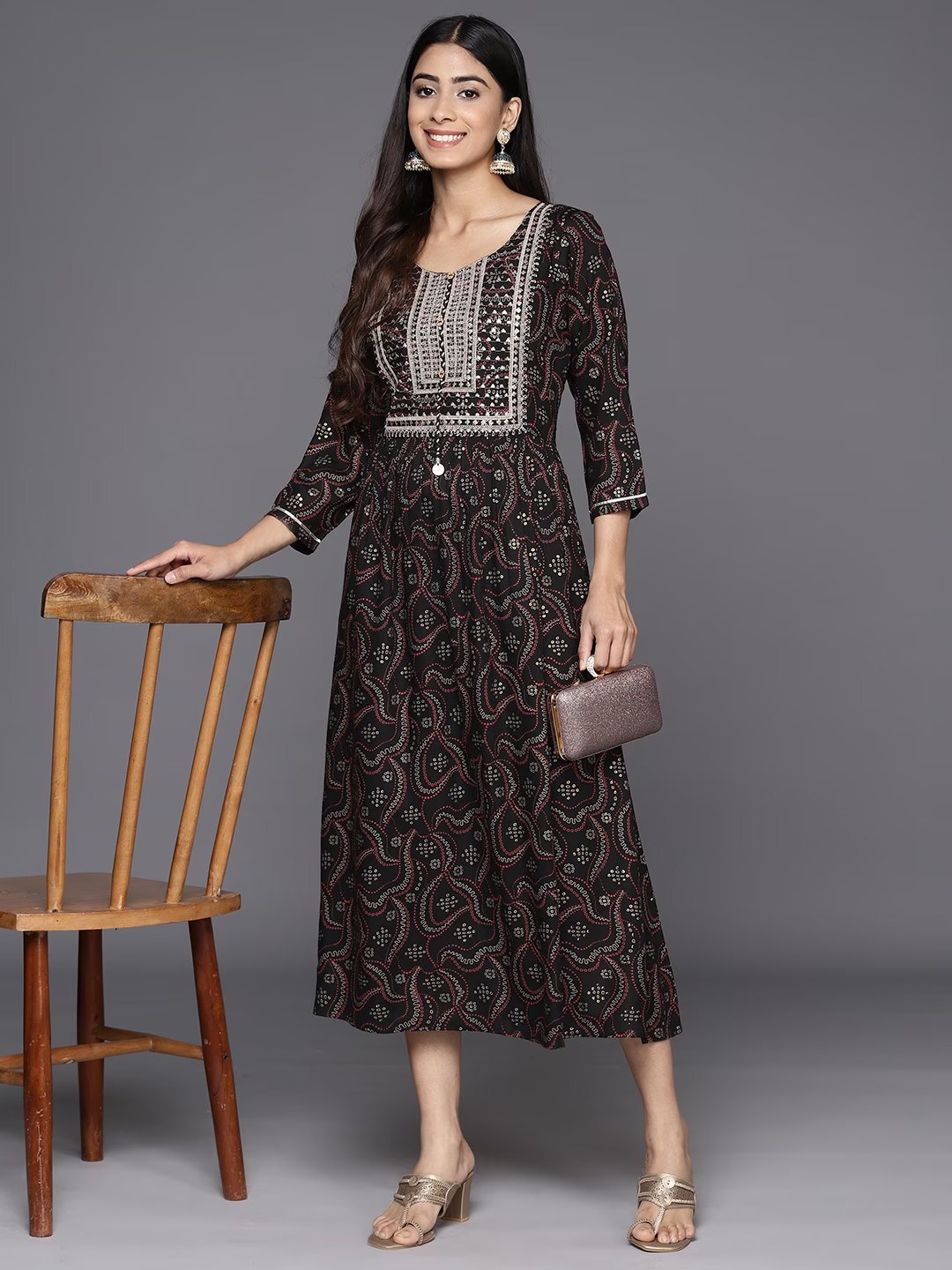 Ethnic Motifs Embellished Fit & Flare Midi Ethnic Dress