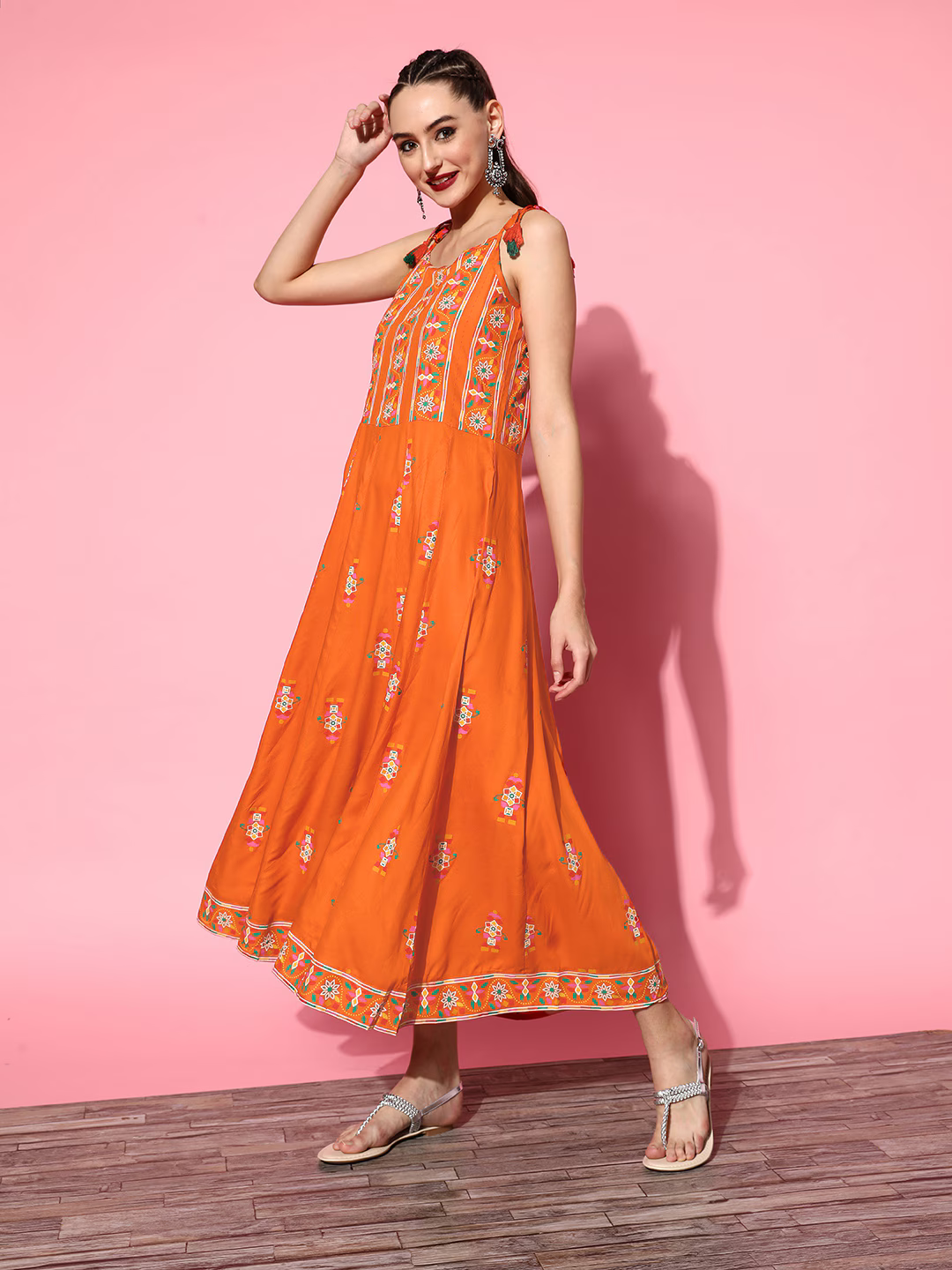 Women Orange Viscose Rayon Fluid Tie-Up Ethnic Dress