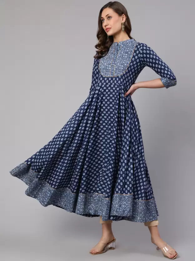 Women Printed Pure Cotton Flared Kurta (Blue)