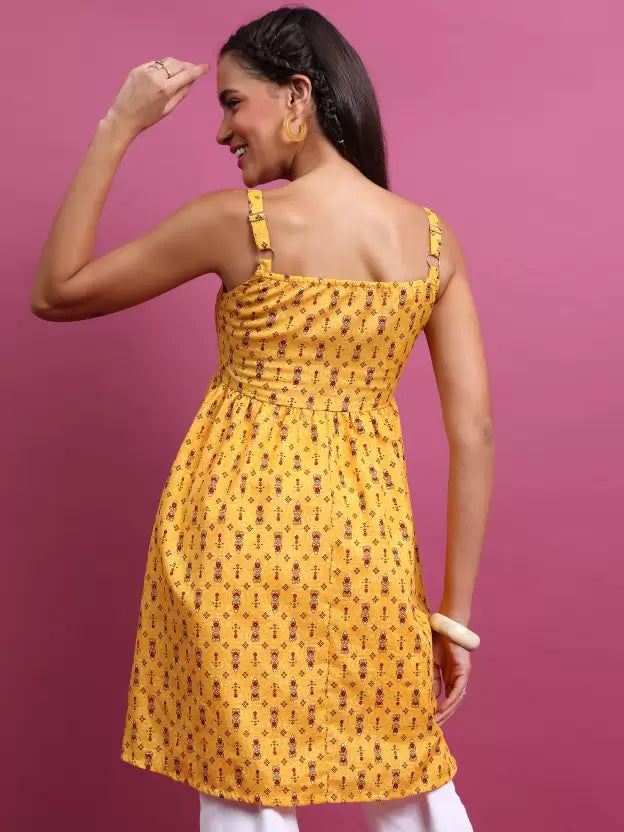 Women Printed Cotton Blend Ethnic Dress (Yellow, Maroon)