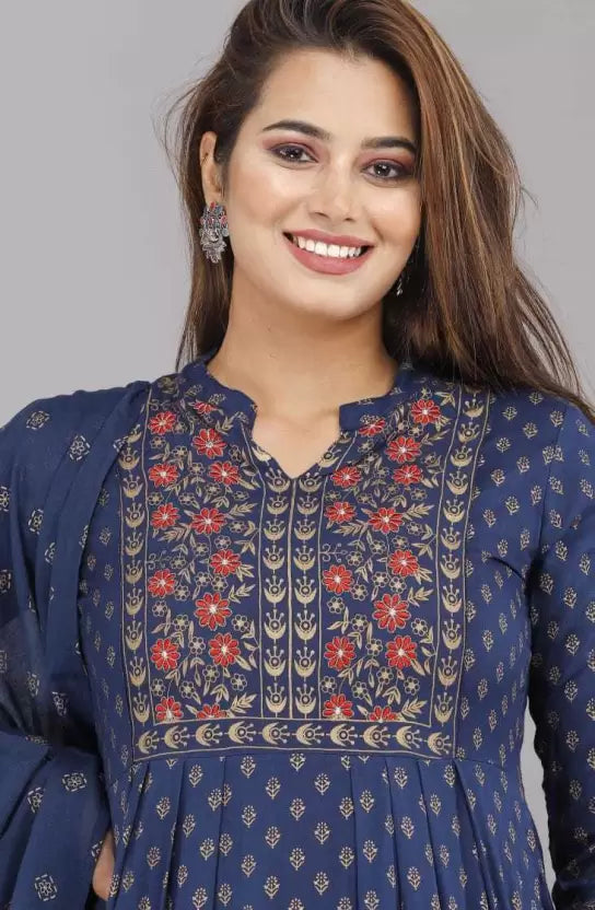 Women Blue Floral Viscose Rayon Kurta, Pant And Dupatta Set